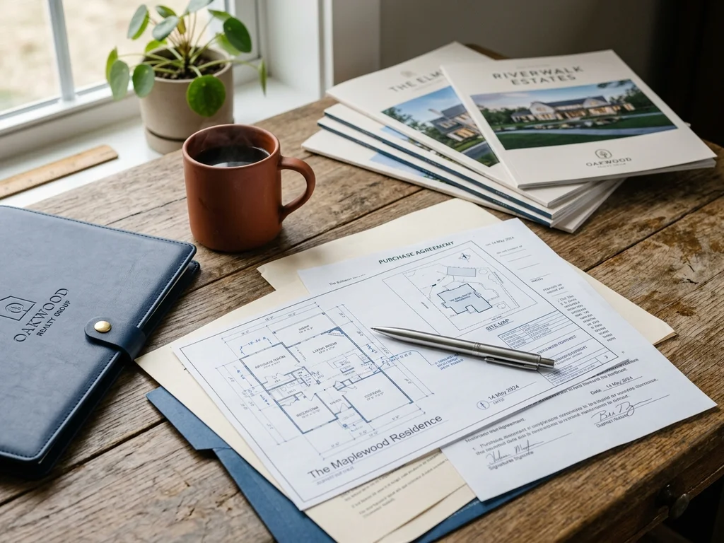 Escritorio con planos, documentos inmobiliarios y un café en un entorno de trabajo profesional.