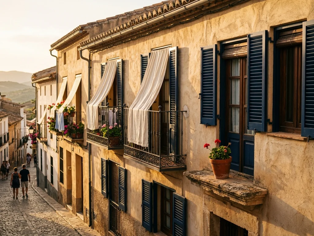 Fachadas residenciales tradicionales españolas bajo la luz dorada del atardecer urbano.