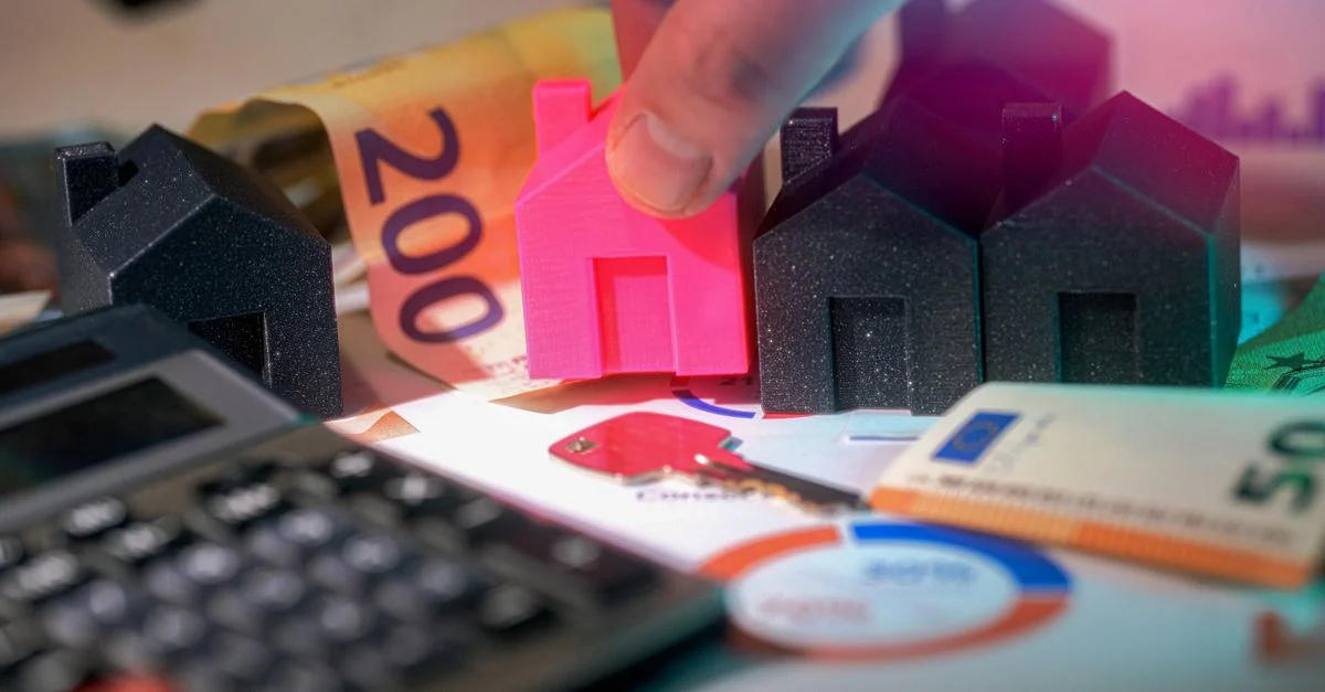 Casas en miniatura, billetes de euro y calculadora que representa la inversión inmobiliaria.